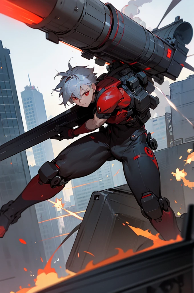 A boy of about  with silver hair and red eyes is blowing up the city. Shota Cyborg. His right arm has been transformed into a cannon.、Red energy is emitted、It's piercing the building, launching missiles from the six-barreled catapults equipped on both shoulders, carrying out a bombing attack.