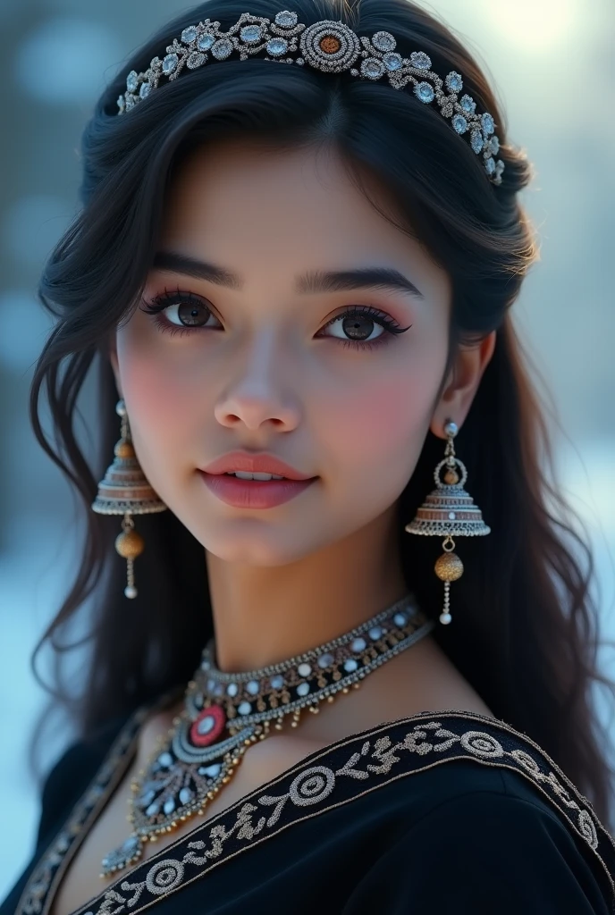 A stunning close-up of a young woman with long, flowing dark hair, styled with a sleek headband adorned with delicate floral patterns. She has a soft, fair complexion and captivating large eyes, accentuated with dark eyeliner and subtle eye shadow. Her expression is confident and alluring, with slightly parted lips that reveal a hint of a smile. She wears a traditional Indian black blouse with sequined embellishments and a deep neckline, revealing her midriff. The blouse is paired with a matching sari or dupatta draped over her shoulder. She accessorizes with elegant jhumka earrings and a choker necklace, both of which have intricate floral designs. The background is softly blurred, with cool blue tones that suggest an outdoor, possibly wintry, setting with soft, glowing light filtering through.