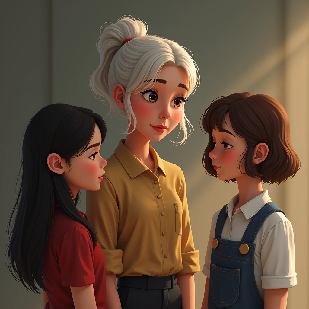 A picture of a mother with her two daughters. The daughters will take their own path. One is brunette with straight black hair and the other is white with brown wavy hair. The mother is a little older and is watching her daughters take their own paths., The dark-haired daughter goes to a construction business and the white daughter, is moving towards the idea of graduating from high school.