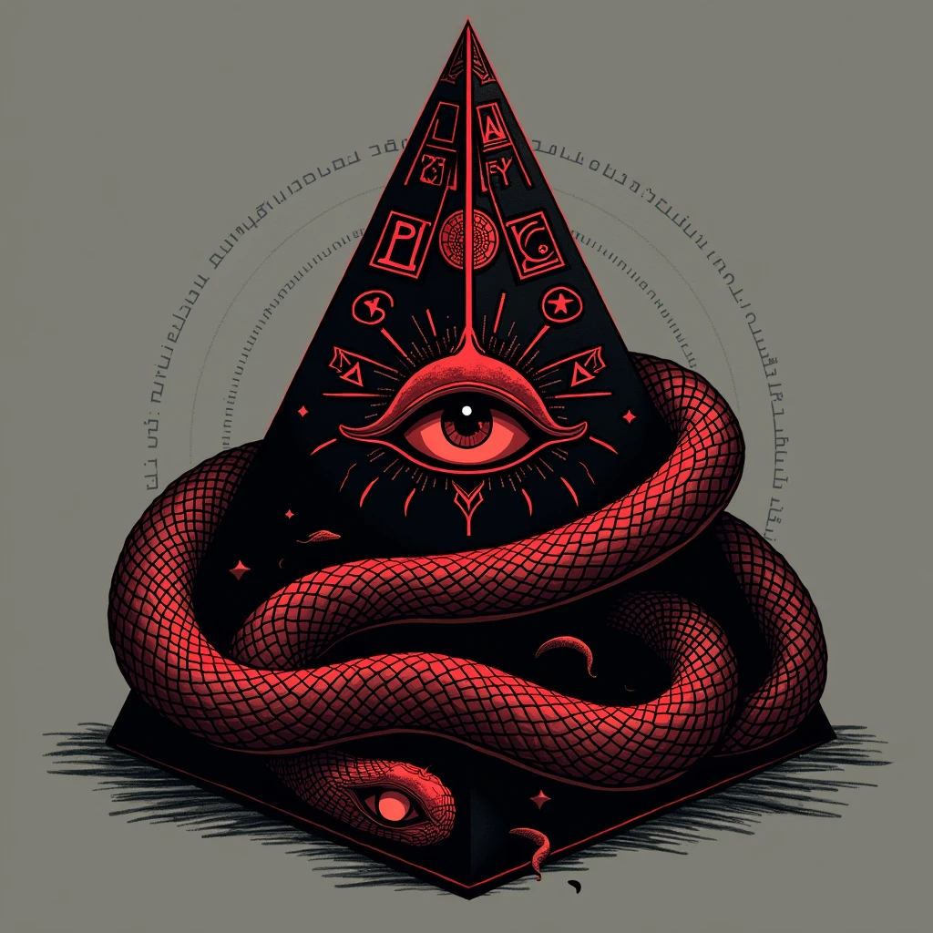 Create a logo, illustration type, Pyramid with an eye in its center, snake coiled around the pyramid. Use colors are black and red. that's all, with nothing in the background.