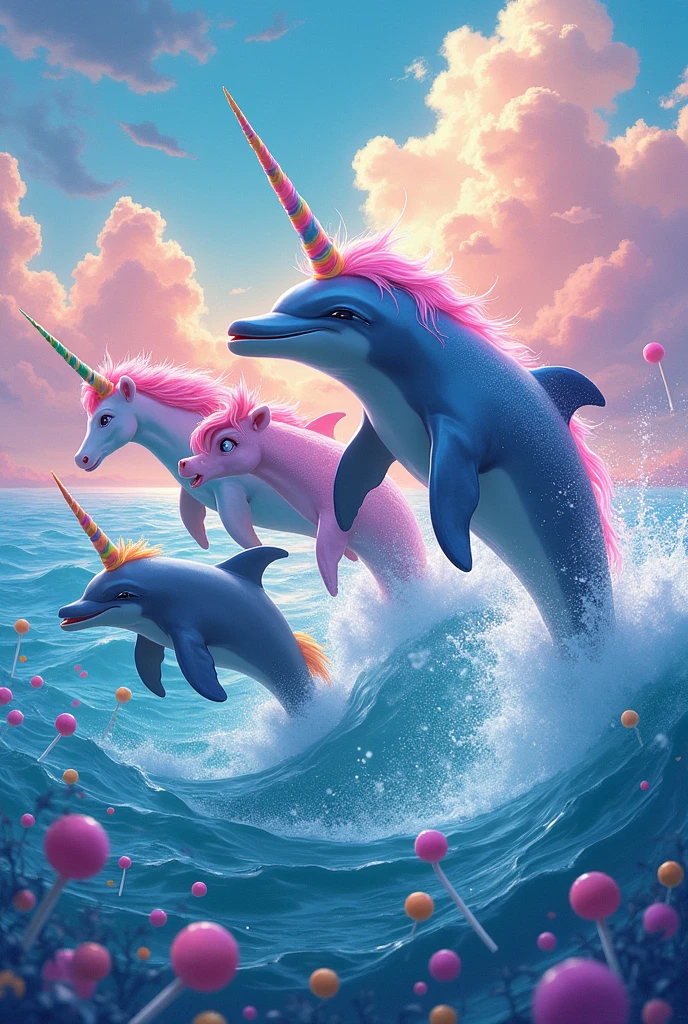 AN EXTREMELY COLORFUL IMAGE SHOWING DOLPHINS JUMPING INTO THE WATER AND HAPPY UNICORNS with bright, vibrant and neon colors LOTS OF COLORS AND SWEETS