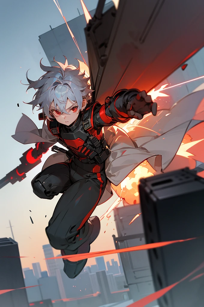 A boy of about with silver hair and red eyes is blowing up the city. Shota Cyborg. His right arm has been transformed into a cannon.、Red energy is emitted、It's piercing the building, launching missiles from the six-barreled catapults equipped on both shoulders, carrying out a bombing attack.