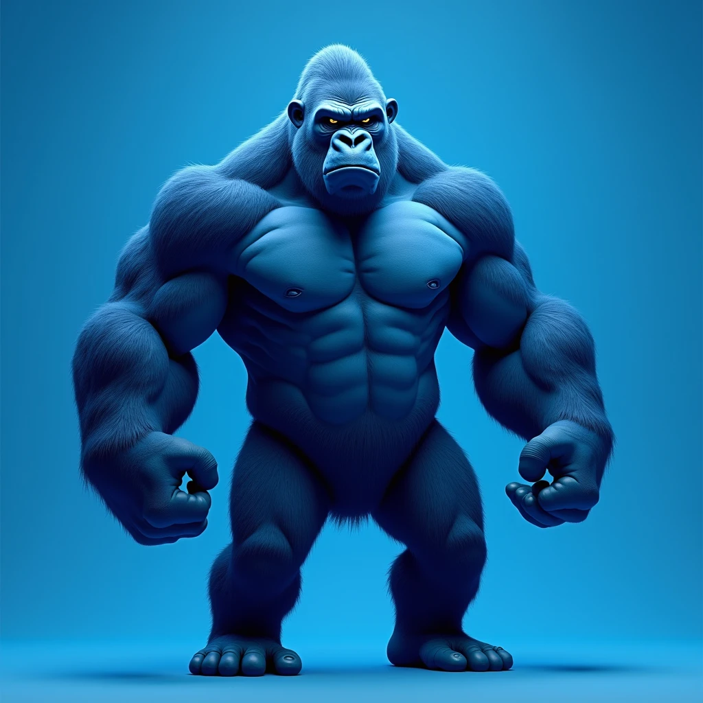 Blue gorilla, blue plain background, noble, angry, muscular, 