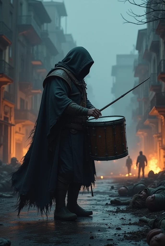 Street in a city destroyed by war, fire and smoke at night, bodies of dead soldiers lying on the ground, drummer man playing drum instrument in background, kind of fat, hooded dress , hidden face 