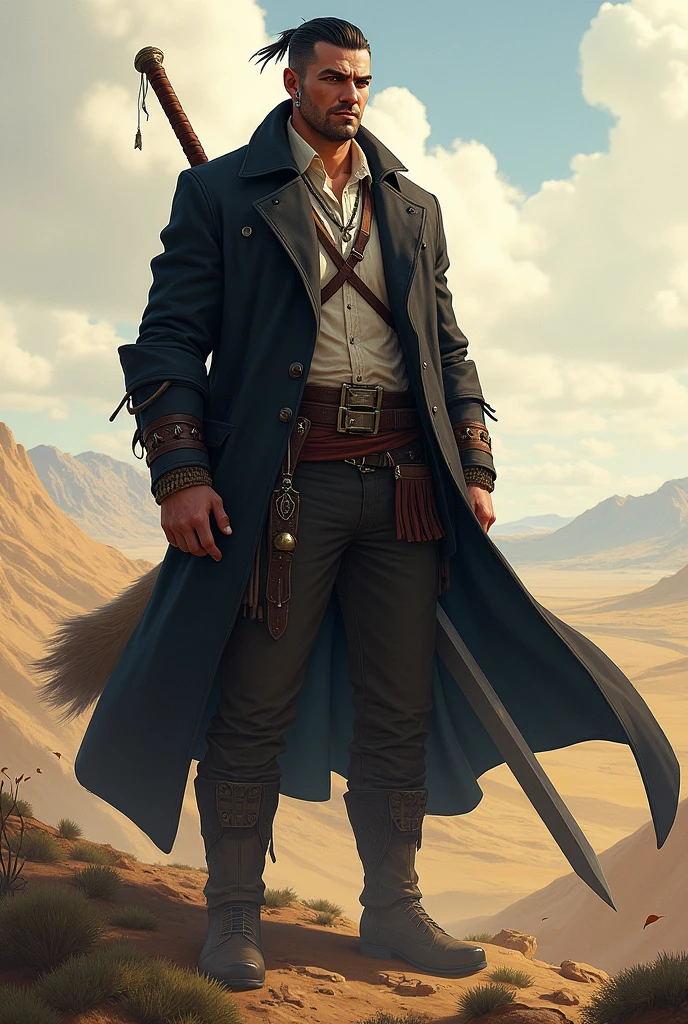 He is a tall indigenous man, 2 meters tall, with a square face and short dark hair and a beardless face with a smooth, clean-shaven face. His eyes are wolf-like and one of them is closed with pointy ears with earrings. He wears a dark black overcoat that is pulled up with the sleeves and a white shirt underneath and dark pants and has a strong physique with broad shoulders and chest and a large wolf tail. A large sword is strapped to his back. I would like the art in a fantasy RPG style. In the Old West