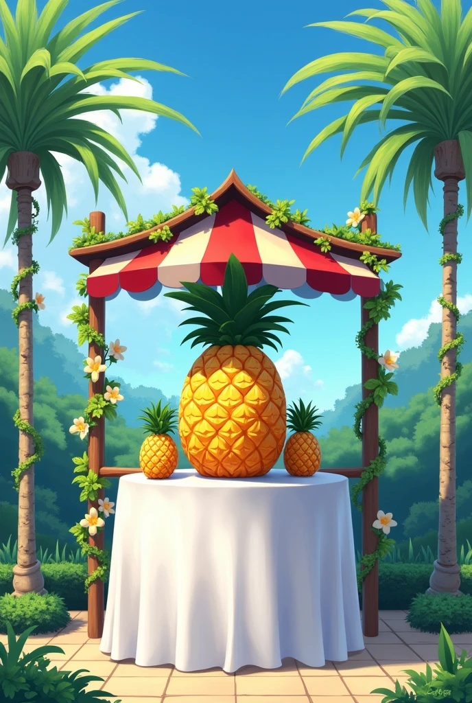 Generate an anime style image of a Pineapple Wine Stand with a roof connected to a square table with a white tablecloth and on each side of the Pineapple Wine Stand there is a pineapple and the awning has vines with flowers on the tubes that support it and the top is decorated with palm leaves. 