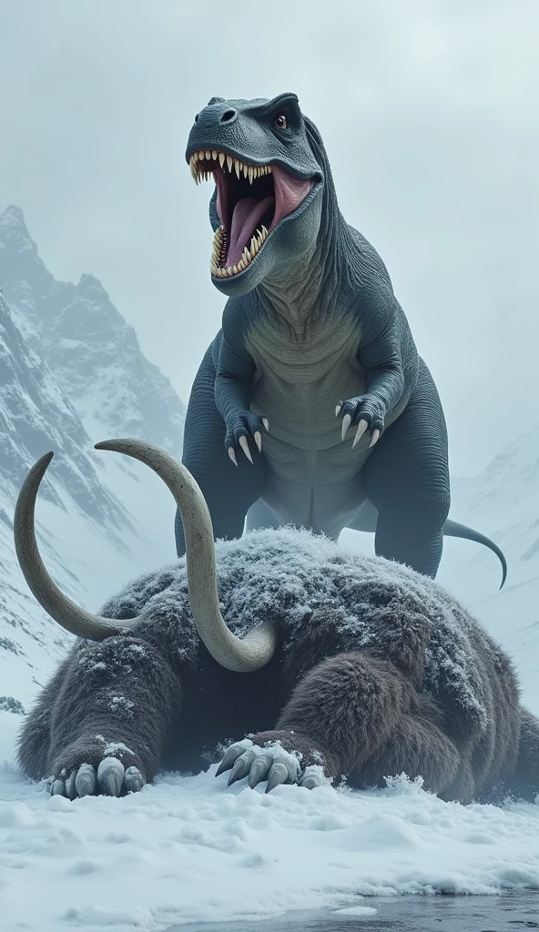 T-rex standing on a mammouth that it fought in a snowy biom