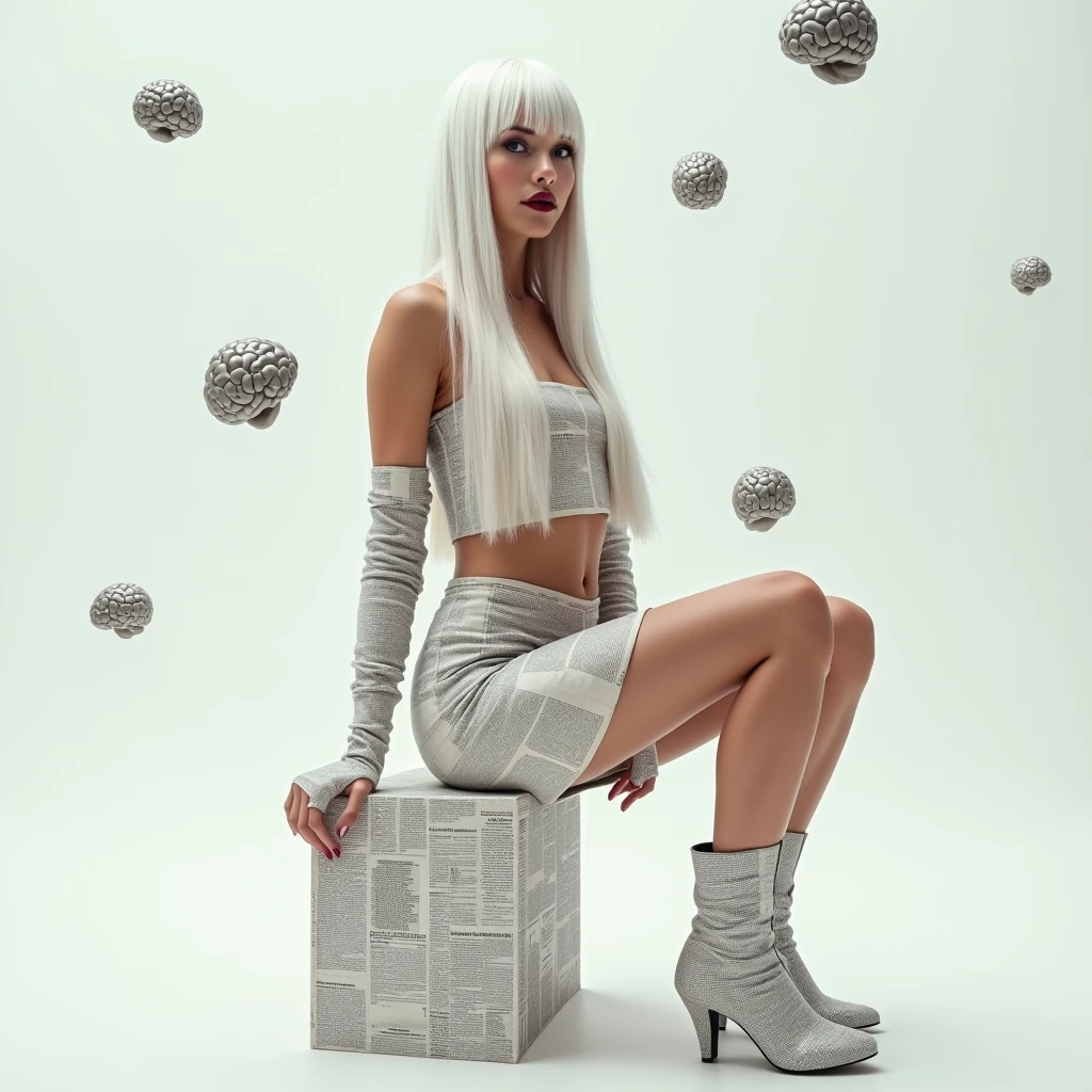 A woman with long straight white hair with bangs,she will wear a paper crop top made from newspaper,a mini paper skirt made from newspaper and a boot made from newspaper,she will be doing model poses and the background will be white with little metallic brains floating in the background,I want her beautiful like a model,she will wear a newspaper glove and wine red lipstick