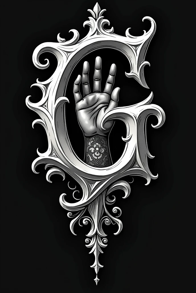 create a logo tattoo studio with the gothic font of the letter G with arabesques and a tattooed hand
