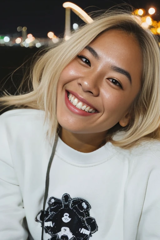 (punctuation_9,punctuation_8_High above,punctuation_7_High above), 1 portrait of Asian girl, white sweatshirt with black details, yellow hair, greeneyes, beautiful smiling, happy grin, look expressing happiness, background by night.