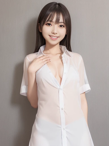 Japanese female, (underweight), (flat chest best quality:1.5), 30 years old, (cheerful grin:1.3),white dress shirt, naked shirt,cleavage ,open shirts,large shirts,no panties,bottomless,(see-through nipples:1.1),