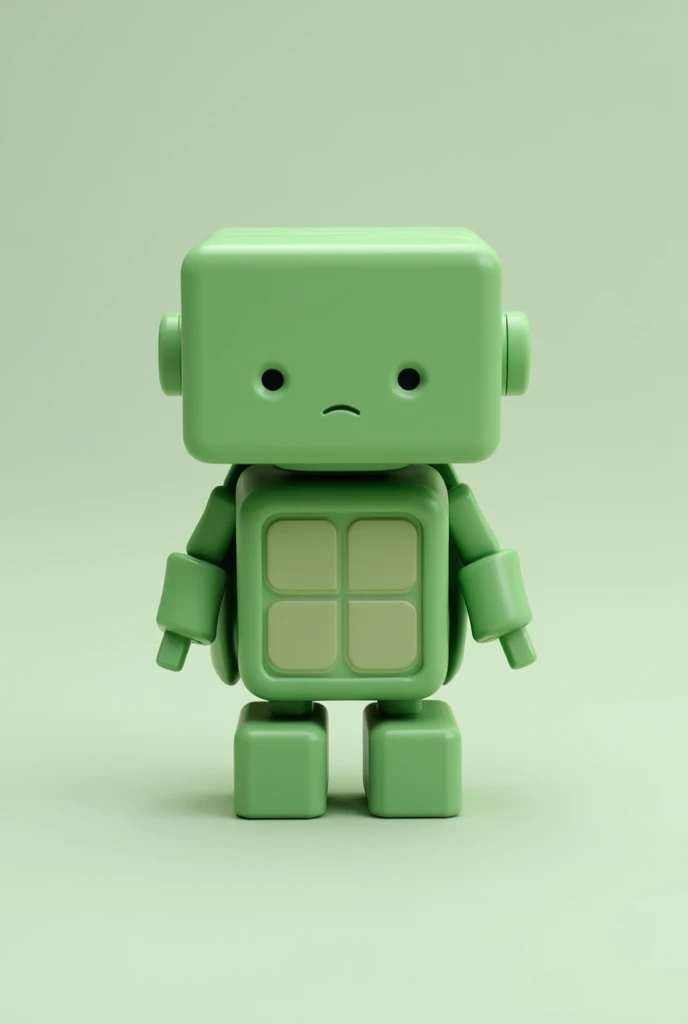 a small and very simple green robot turtle that stands on two legs with a square head, a square stomach and small hands and legs
