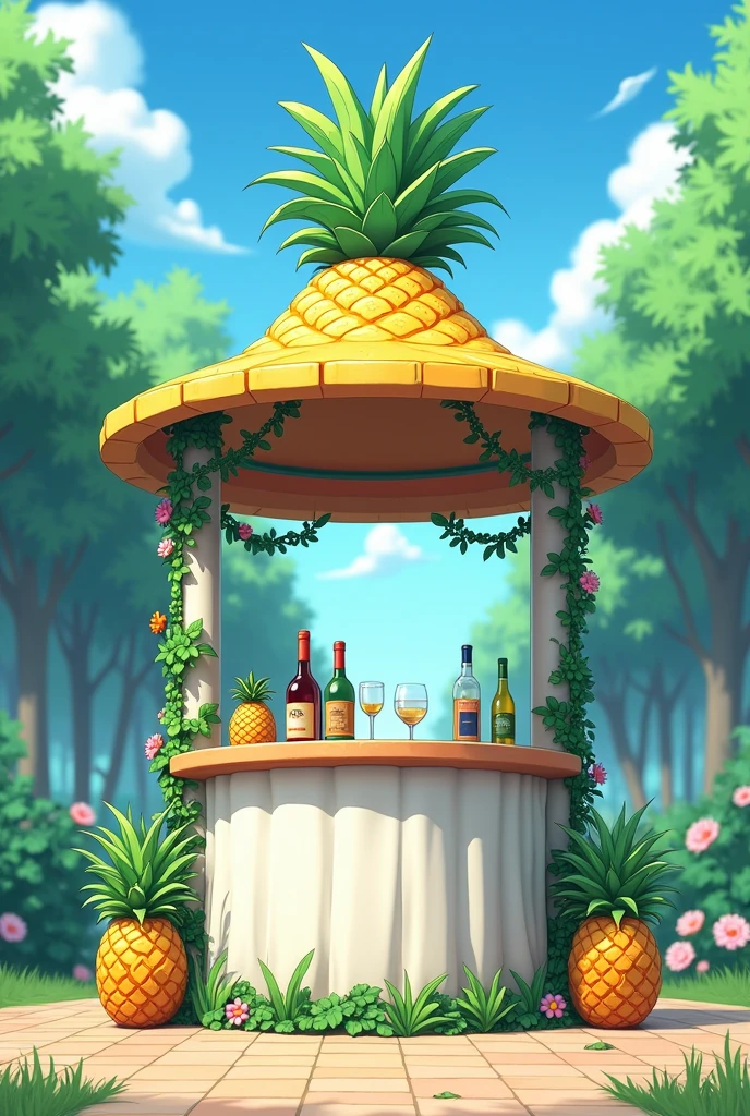 Generate an anime style image of a Pineapple Wine Stand with a roof connected to a square table with a white tablecloth and on each side of the Pineapple Wine Stand there is a pineapple on the table and the canopy has vines with flowers on the tubes that support it and the top is decorated with palm leaves.