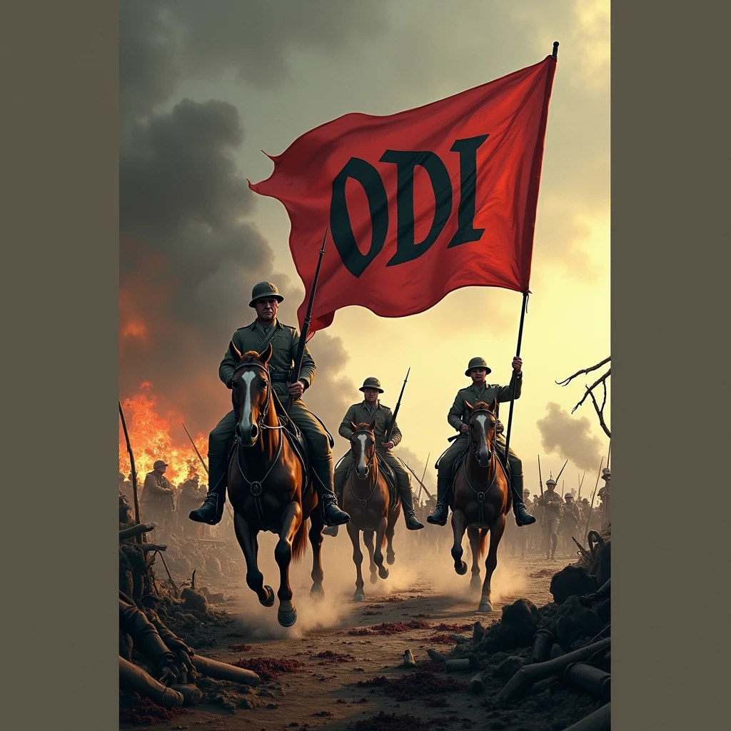 World War I logo with ODI name, with weapons and blood, with soldiers on horseback