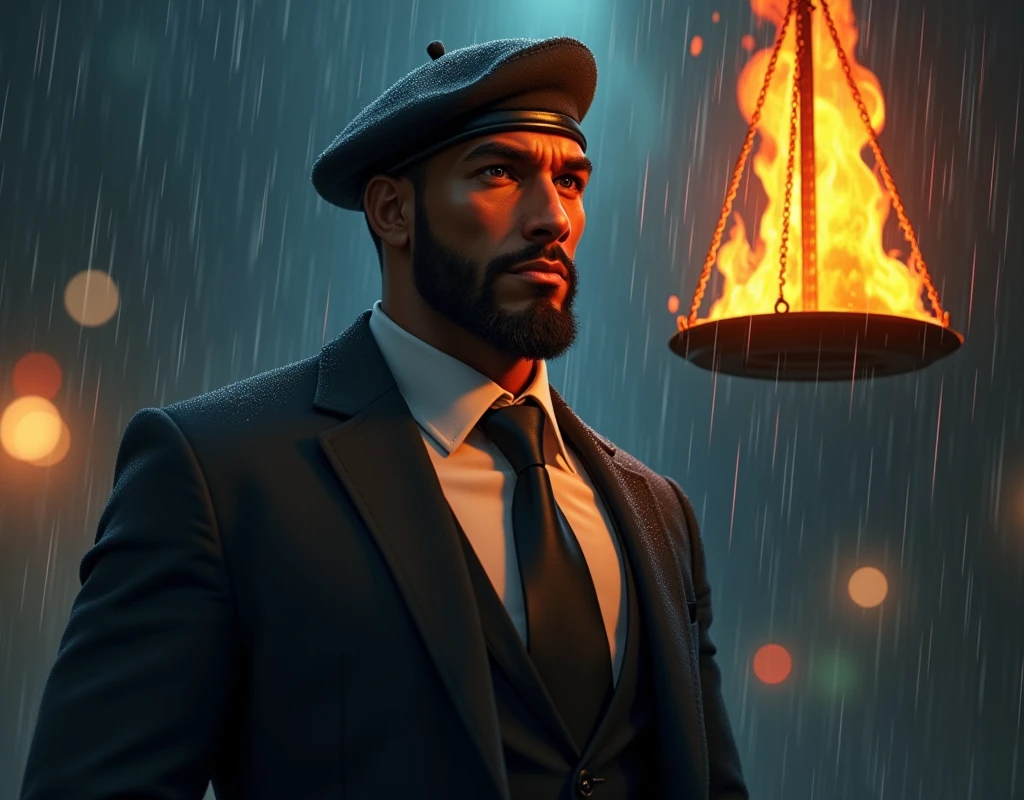 a brown man, with suit, above all, beret with dark, dark face and an aura of power and a scale of justice on fire realistic animation with rain