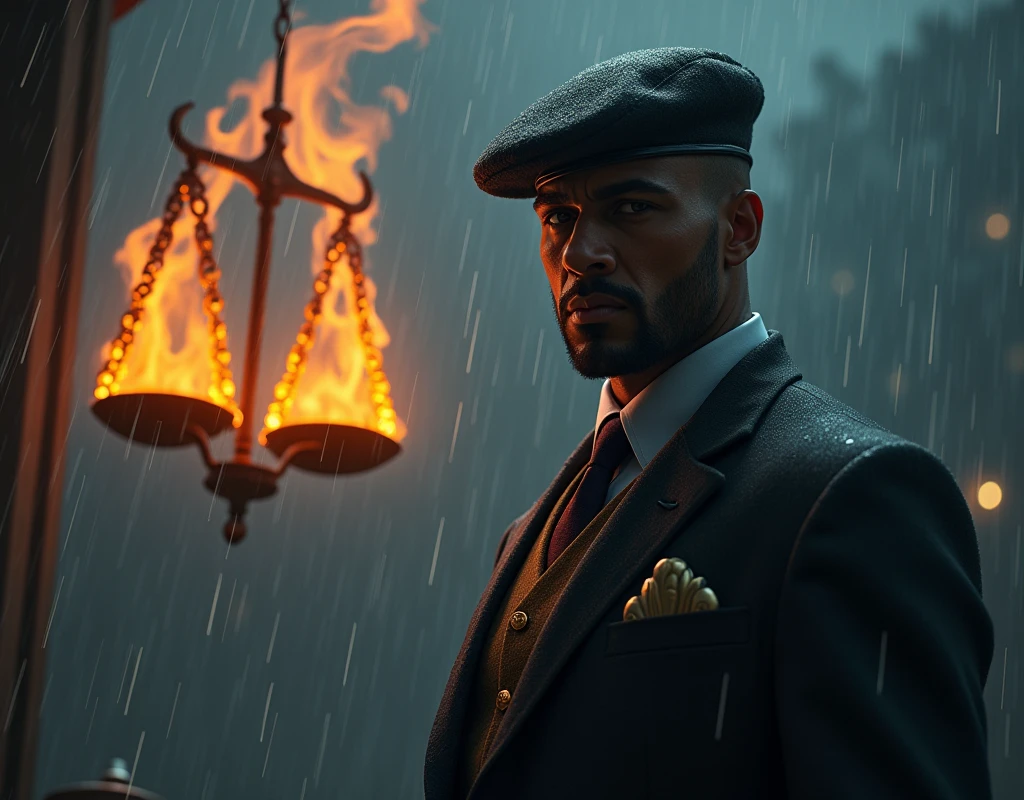 a brown man, with suit, above all, beret with dark, dark face and an aura of power and a scale of justice on fire realistic animation with rain