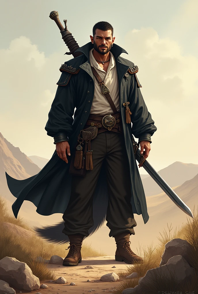 He is a tall indigenous man, 2 meters tall, with a square face and short dark hair and a beardless face with a smooth, clean-shaven face. His eyes are wolf-like and one of them is closed with pointy ears with earrings. He wears a dark black overcoat that is pulled up with the sleeves and a white shirt underneath and dark pants and has a strong physique with broad shoulders and chest and a large wolf tail. A large sword is strapped to his back. I would like the art in a fantasy RPG style. In the Old West