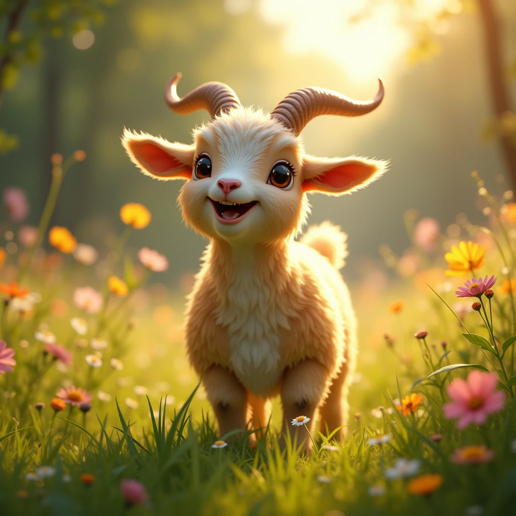 Unparalleled goat froling happy smiley, A happy, smiling goat frolicking in a lush, vibrant meadow, sunlight dappling its fur, exuding joy and playfulness, highly detailed, 4k, photorealistic, dynamic composition, warm color palette, glowing natural lighting, intricate details, whimsical, cute, adorable, insane (best quality,4k,8k,highres,masterpiece:1.2),ultra-detailed,(realistic,photorealistic,photo-realistic:1.37),HDR,UHD,studio lighting,ultra-fine painting,sharp focus,physically-based rendering,extreme detail description,professional,vivid colors,bokeh