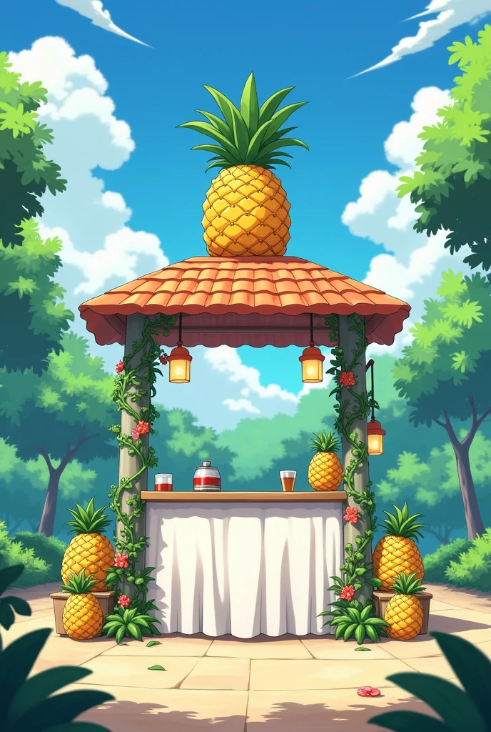 Generate an anime style image of a Pineapple Wine Stand with a roof connected to a square table with a white tablecloth and on each side of the Pineapple Wine Stand there is a pineapple on the table and the canopy has vines with flowers on the tubes that support it and the top is decorated with palm leaves. 