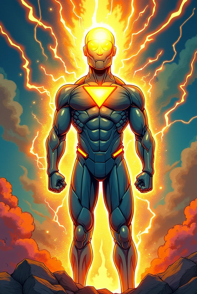Electric superhero in the shape of a light bulb made with a pencil in comic style