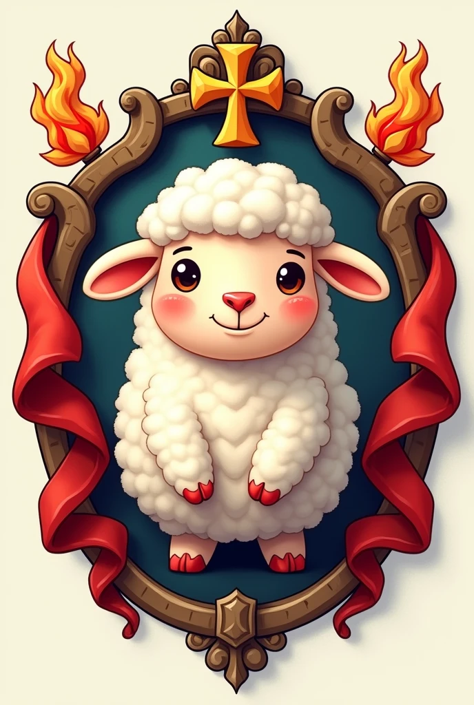 Make a brotherhood coat of arms and place a sheep in the center with red details, A cross, red flag fire. In Pixar style cartoon. 