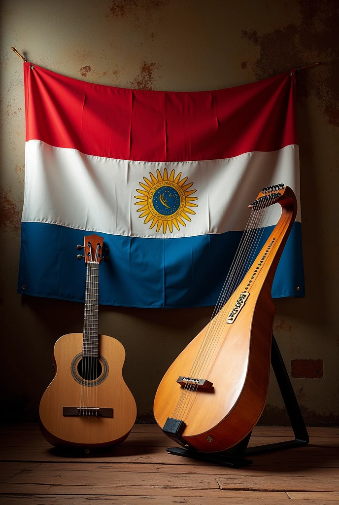 Happy folklore day with a red, white and blue flag in a horizontal shape and a Paraguayan harp with a percussion guitar as a nostalgic and ancestral scene that the flag does not have a cello in the white part