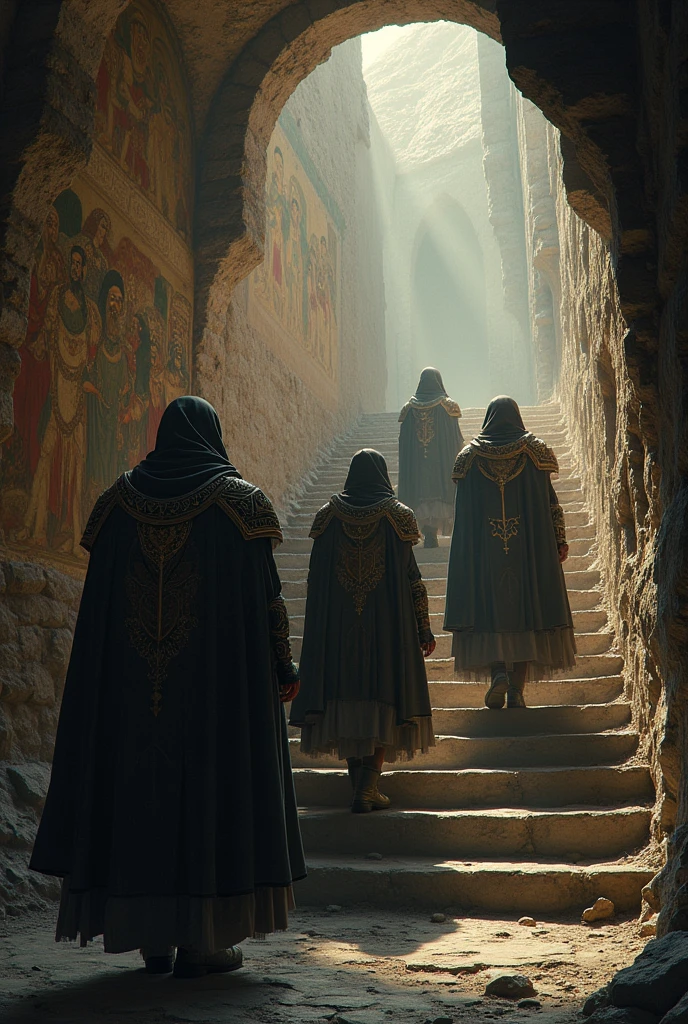 Les 4 Gardiens pénétrant dans le temple : Les Gardiens descendent un escalier de pierre usé, entrant dans une salle souterraine obscure. Des torches sont allumées, révélant des fresques murales racontant l'histoire d'une civilisation perdue.