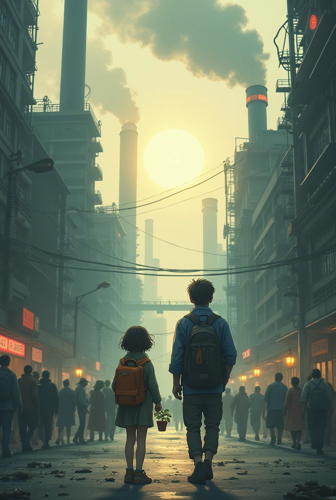 scene: A bustling city with tall, smoking factories, and the polluted air. People walk around with masks on, looking tired.
character 1 (officer): A curious and hopeful girl, holding a small plant in a pot.
character 2 (When): A determined young man, with a backpack and a map.
