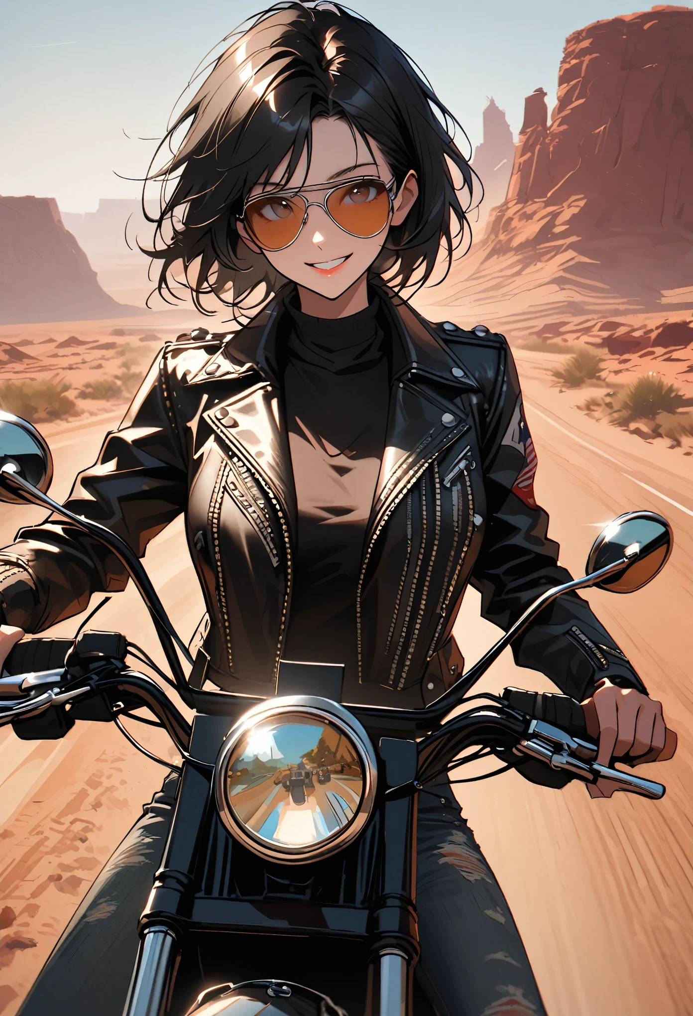 close up:1.4, female, solo, short messy black hair, aviator sunglasses, studded black leather jacket, worn jeans, chopper bike, American desert road landscape with old dinner, sunny, bike gang, large breasts, tall, road, broad shoulders, confident smile,