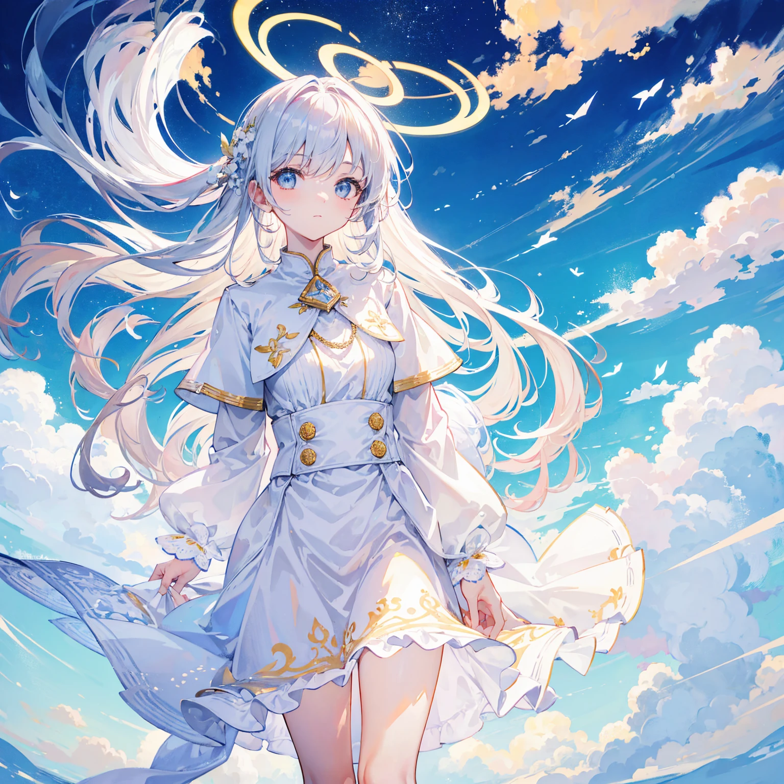Please create an illustration featuring clouds with a radiant halo of light shining behind them. The light should create a soft, ethereal glow, highlighting the edges of the clouds and casting gentle beams of light through them. The overall design should evoke a sense of serenity and awe, with a focus on the contrast between the bright, glowing light and the soft, textured clouds. (masterpiece), (high quality), (4k)