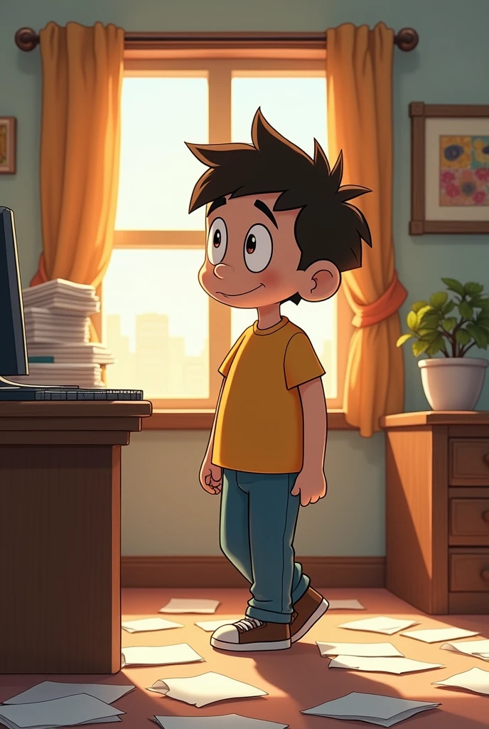 Cartoon of a friend of Max, enters the room. In the room there is a desk with several different papers