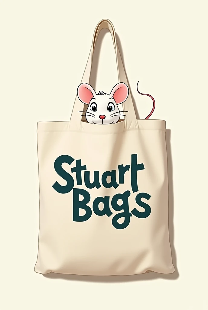 Please, generates the character &#39;Stuart Little&#39; by showing the viewer a tote bag containing a design that says “Stuart Bags”, Try to make the white mouse&#39;s face appear behind the bag, so that thus, the bag has the greatest attention.