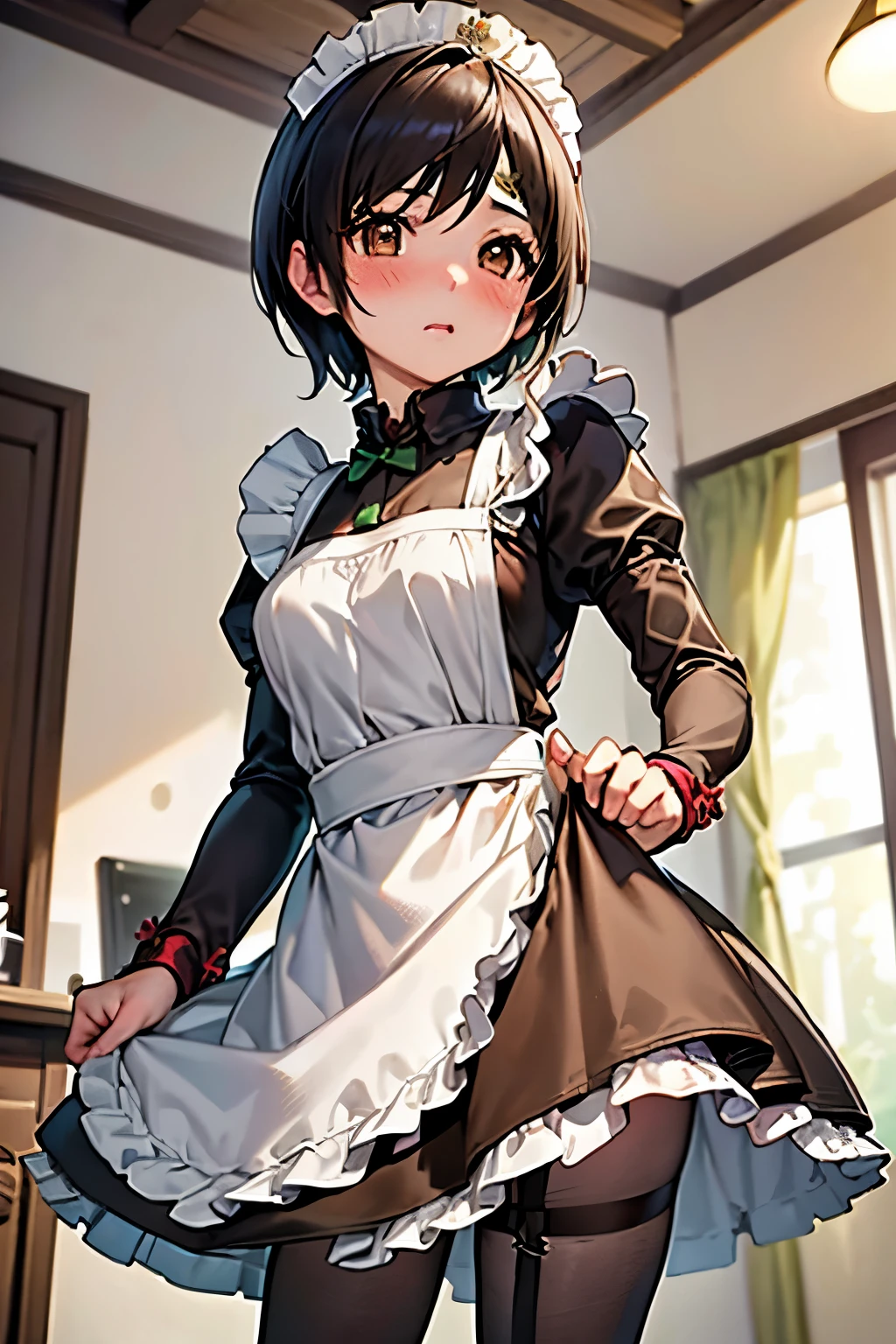(Highest quality:1.1), (masterpiece:1.4), (Absurd:1.0),
One Girl, Yuffie Kisaragi、Brown Hair、Short Hair、Medium chest、Looking at the audience、Bedroom、(blush:1.2)、Embarrassed expression、((pantyhose))、((Maid clothes))、((Photo from below))、