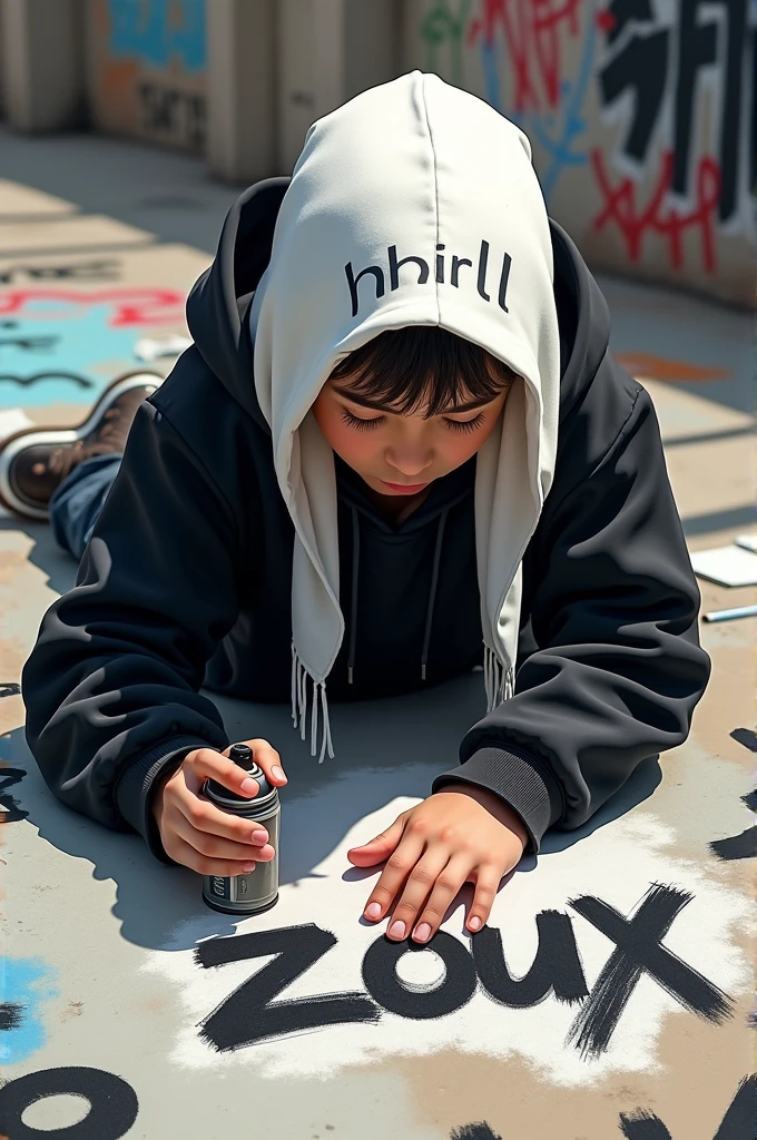make a -yeld pen with a white scarf on his head and black clothes dressed in a hip-hop style, who is on his back graffitiing the word "Zoux" and on the child's back says "hhrll" in white letters