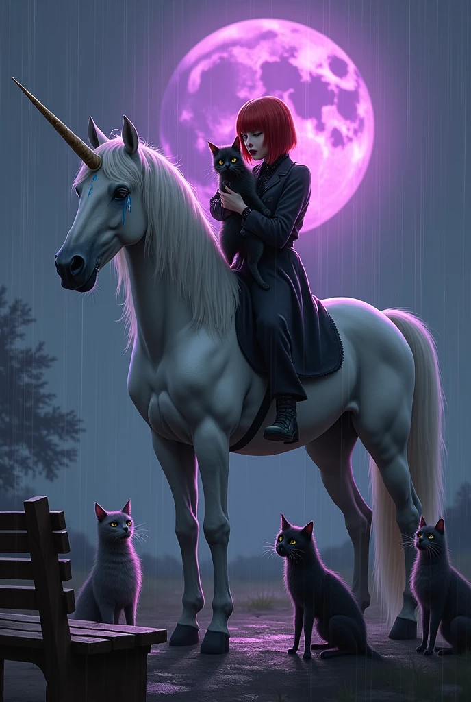 a red haired goth girl with eyeliner holding a meowing black cat. This goth girl is stepping on a unicorn that is crying. This unicorn&#39;s family watches everything with an angry look in front of a bench., on a rainy day with a purple moon