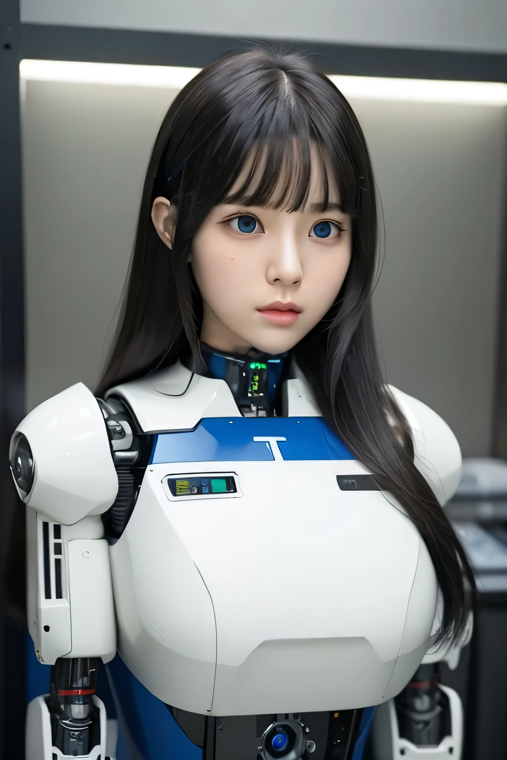 masterpiece, best quality, extremely detailed, Japaese android girl,portrait,Plump,a bit chubby,control panels,android,Droid,Mechanical Hand, Robot arms and legs, Black hair,Blunt bangs,perfect robot girl,long tube,thick cable connected her neck,android,robot,humanoid,cyborg,japanese cyborg girl ,robot-assembly plant,She is assembling now,assembly scene,blue eyes,chest monitor,hypnosis,blank eyes