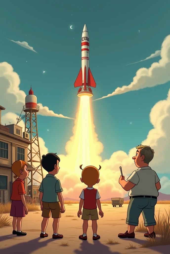 Create an animation set in the 50s where you see a small ship like Laika's taking off and 5 people watching the takeoff