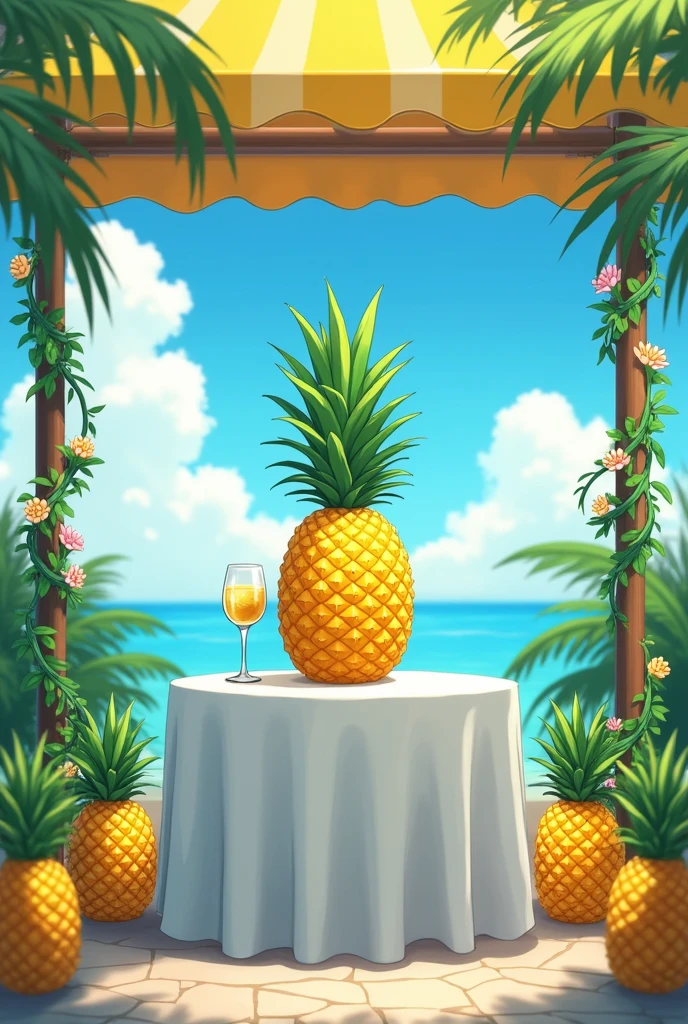 Generate an anime style image of a Pineapple Wine Stand with an awning connected to a square table with a white tablecloth and that on each side of the Pineapple Wine Stand there is a pineapple on the table and that the awning has vines with flowers on the tubes that support it and the top is decorated with palm leaves. 