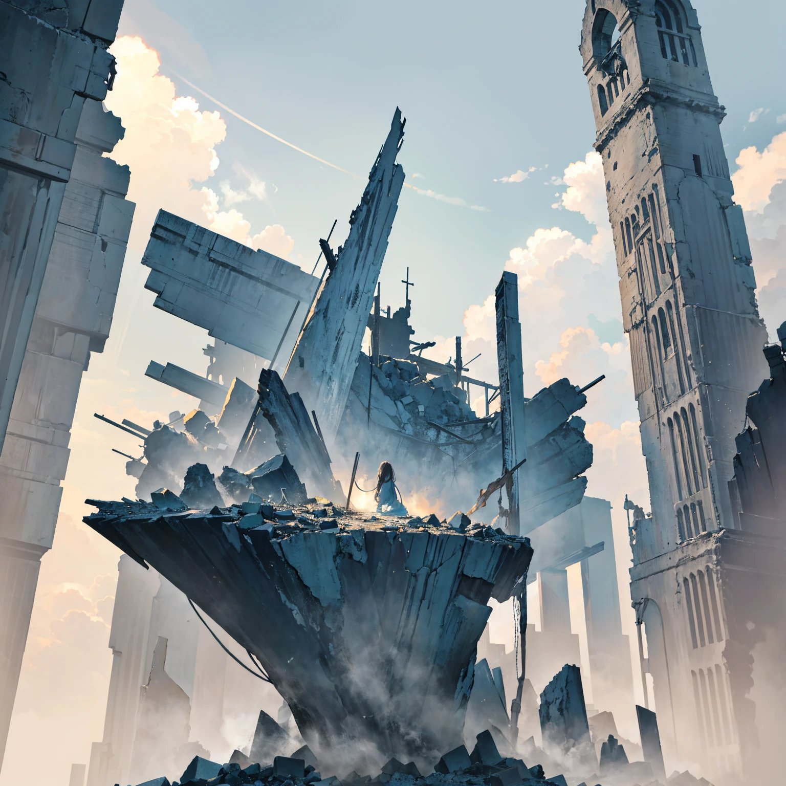 Please create a monochromatic illustration of a pile of rubble. The image should focus on the texture and detail of the debris, with various broken pieces of stone, wood, and metal scattered throughout. Ensure the overall design is gritty and detailed, with a focus on the contrast between light and shadow to emphasize the roughness and chaos of the rubble. (masterpiece), (high quality), (4k)、Please create an illustration featuring clouds with a radiant halo of light shining behind them. The light should create a soft, ethereal glow, highlighting the edges of the clouds and casting gentle beams of light through them. The overall design should evoke a sense of serenity and awe, with a focus on the contrast between the bright, glowing light and the soft, textured clouds. (masterpiece), (high quality), (4k)