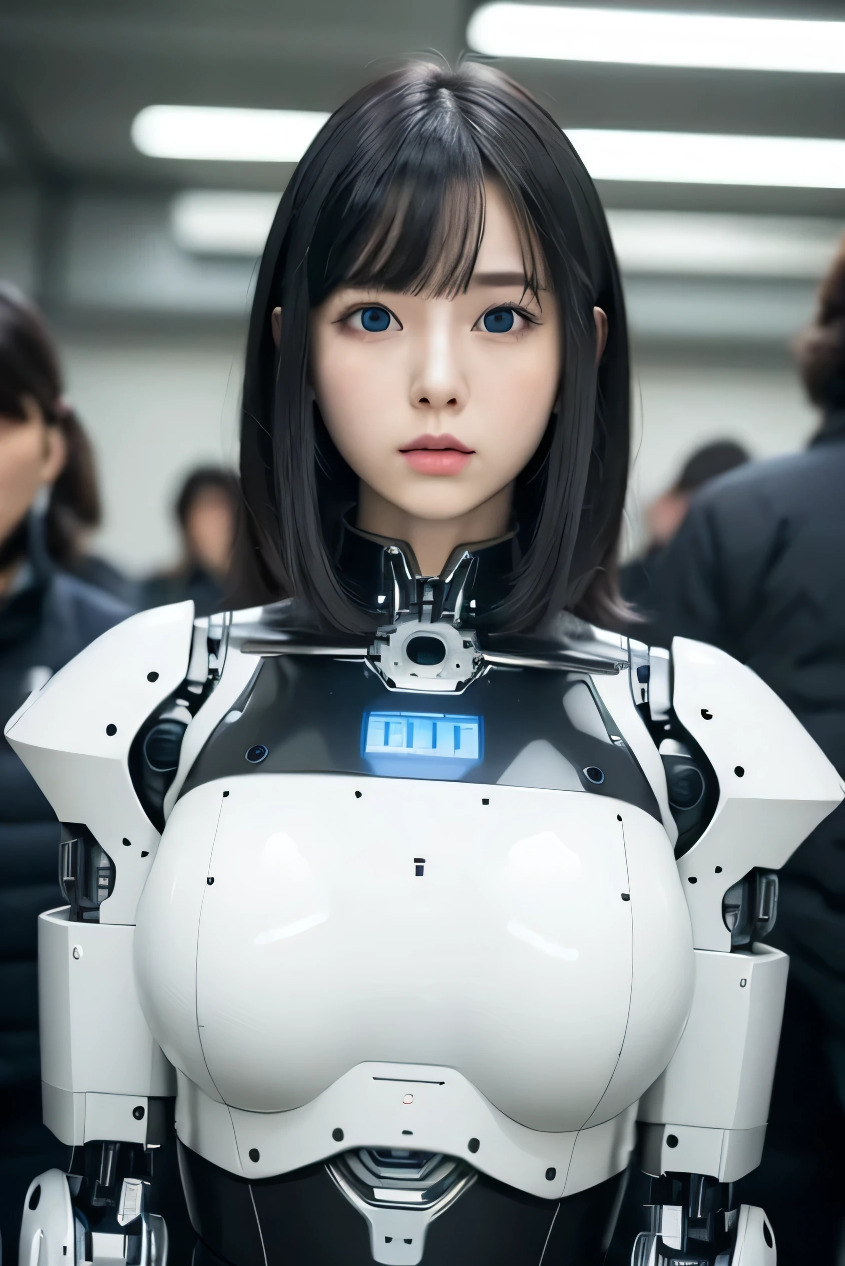 masterpiece, best quality, extremely detailed, Japaese android girl,portrait,Plump,a bit chubby,control panels,android,Droid,Mechanical Hand, Robot arms and legs, Black hair,Blunt bangs,perfect robot girl,long tube,thick cable connected her neck,android,robot,humanoid,cyborg,japanese cyborg girl ,robot-assembly plant,She is assembling now,assembly scene,blue eyes,chest monitor,hypnosis,blank eyes