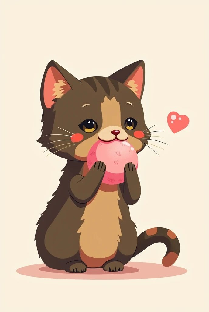 a tortoiseshell cat that has only slight light spots, a cute cartoon model, eating a pink mochi that looks Japanese , bottomless something simple other