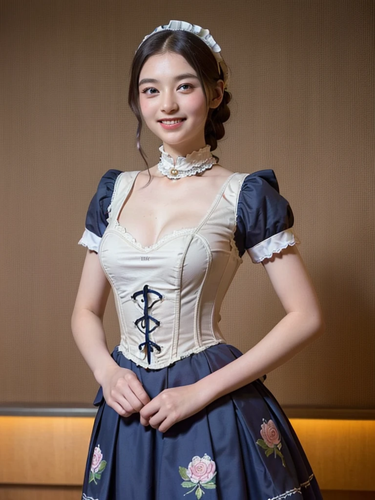 (Highest quality:1.5)、(masterpiece:1.5)、(8k:1.5)、((:1.7))、(Flat Chest)、Erect nipples、(Victorian tight maid uniform:1.5)、Braid、Angle from below、smile、(The background is the hotel:1.7)、whole body、2 people、Underbust corset