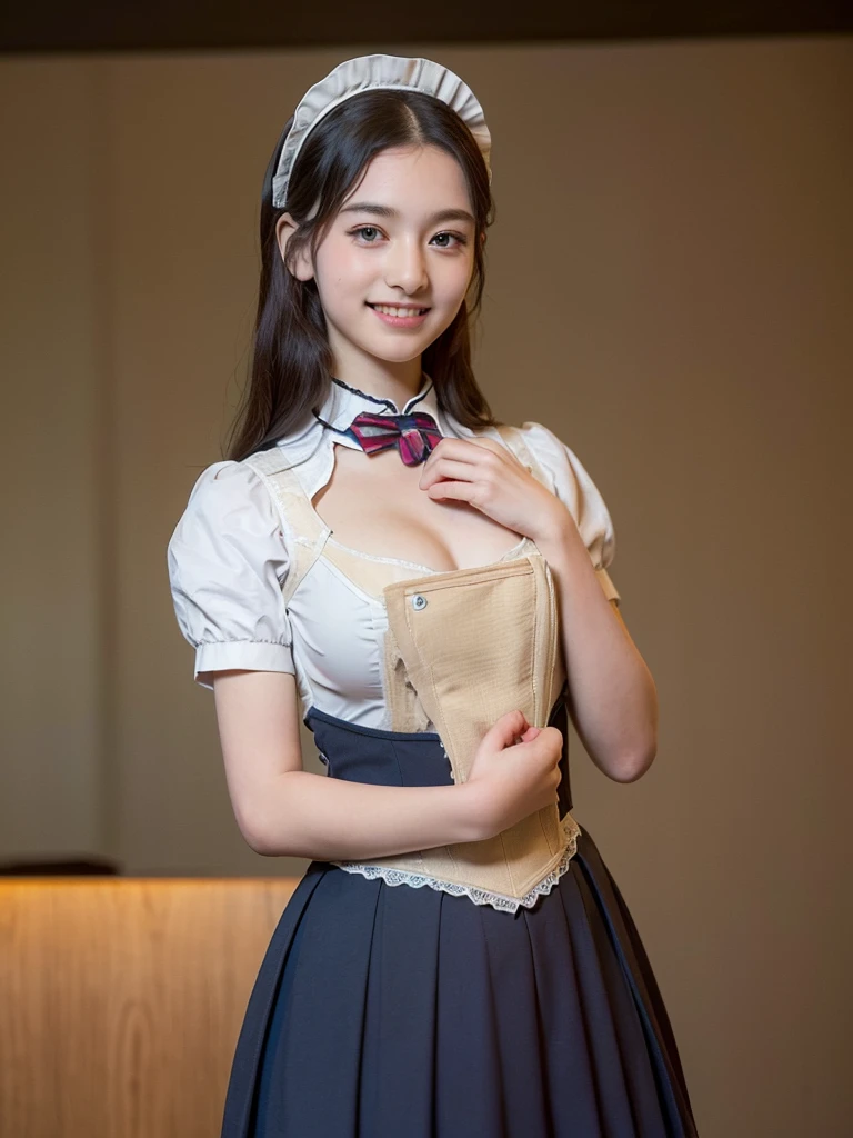 (Highest quality:1.5)、(masterpiece:1.5)、(8k:1.5)、((Primary school students:1.7))、(Flat Chest)、Erect nipples、(Victorian tight maid uniform:1.5)、Braid、Angle from below、smile、(The background is the hotel:1.7)、whole body、2 people、Underbust corset