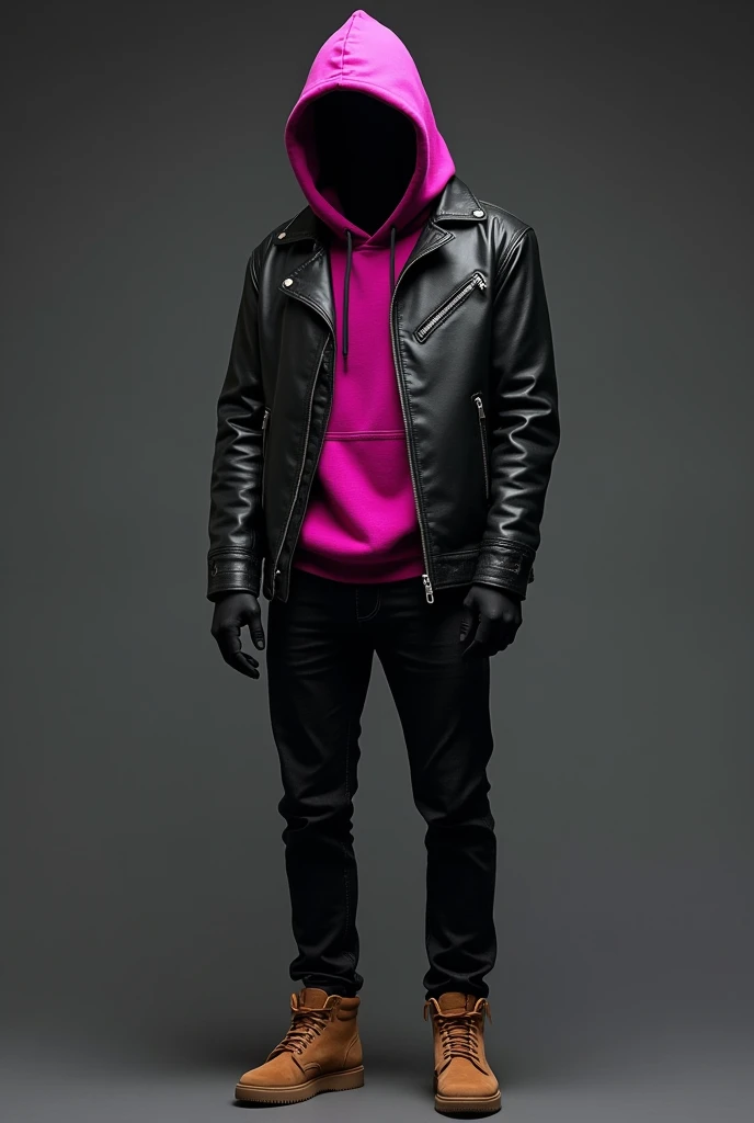 Man in black leather jacket, under fuchsia hooded sweatshirt, black jeans and camel-colored shoes
