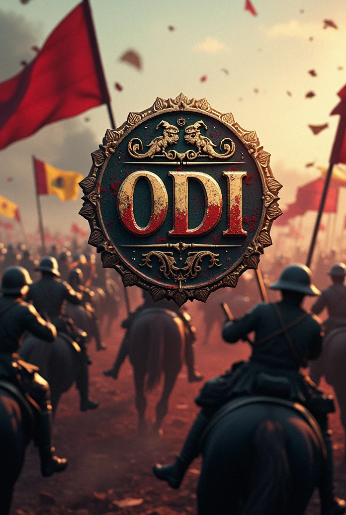 Coat of arms with the word ODI in capital letters, in the middle of a battle of the first world war, where there are tanks, horses, explosions and blood