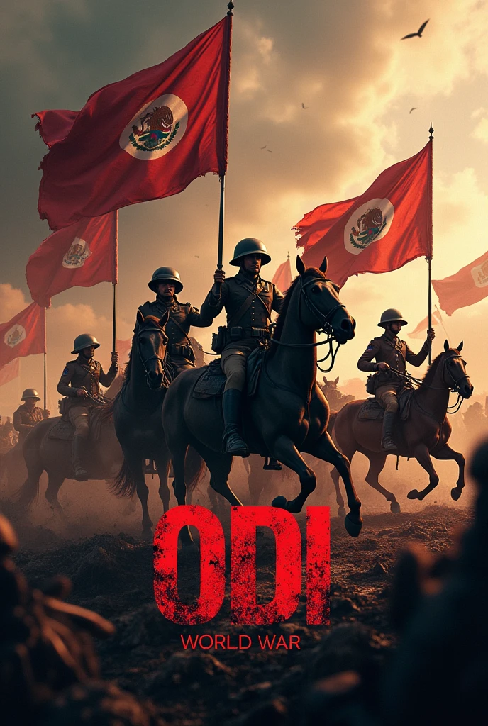 World War I logo with ODI name, with weapons and blood, with soldiers on horseback, with flags of Hispanic countries