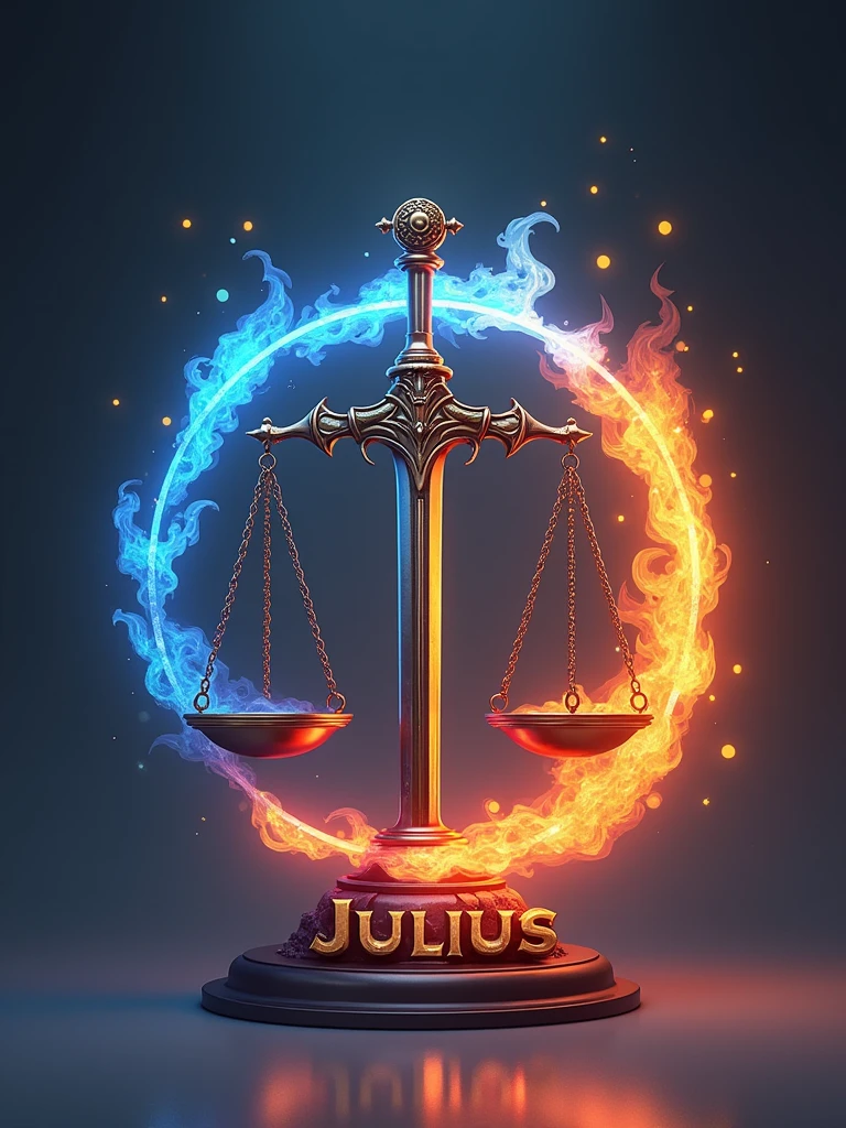 Digital art with a stylized representation of the LIBRA zodiac sign. The layout is centered with a prominent scale on the left side, characterized by a majestic sword and scale in shades of blue and blue. the scale transitions to predominantly orange and red flames, creating a dynamic and fiery effect. the word "Julius" displayed in large letters, bold and metallic with a dark blue and orange gradient, blending seamlessly with the flames. Small golden stars are scattered throughout the composition, adding a celestial touch. The background is a dark to light gray gradient, enhancing the vibrant colors of the main elements  2.5D-