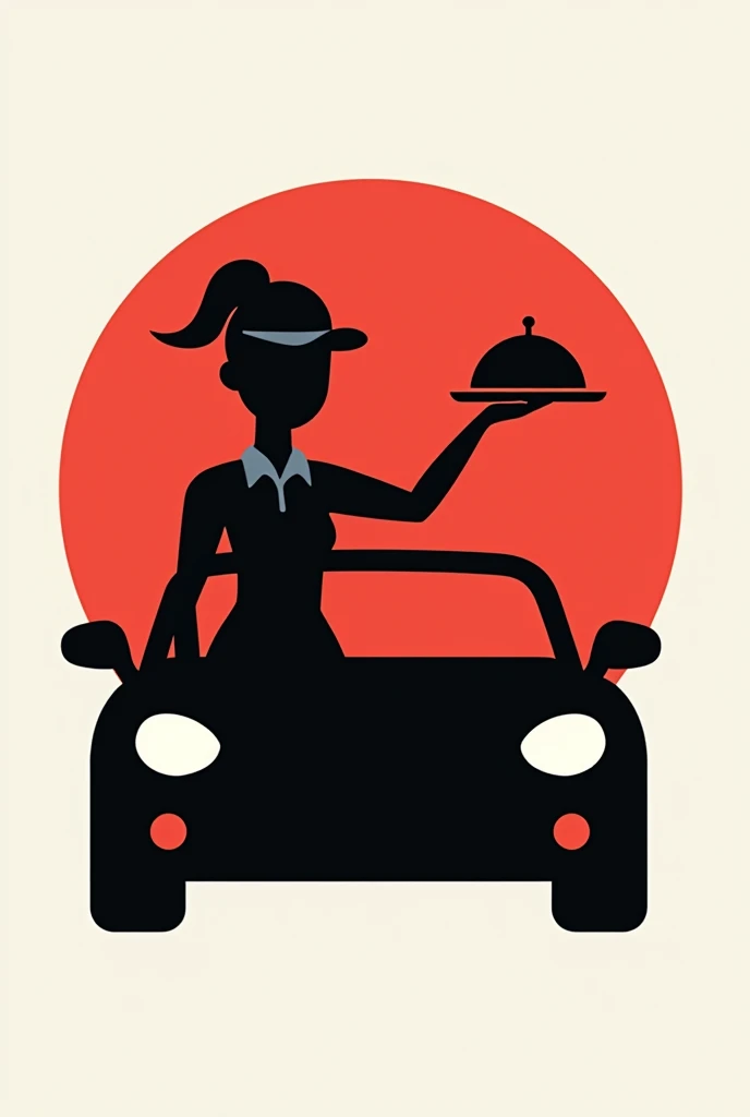 red waitress shape, faceless sitting in a black car and the waitress holding a tray, for a logo and without the red circle in the background