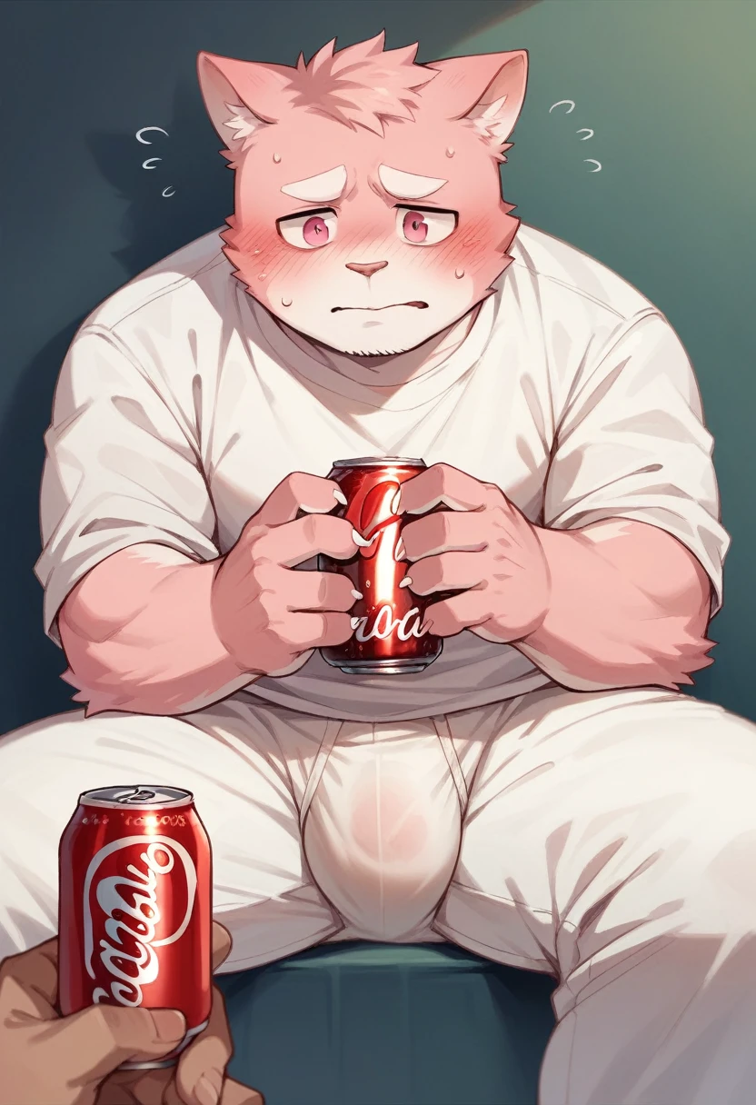pink fur,White skin,hairy big cola,charming,Q Version,male cat,white diapers,pink eyes,shy ,blush,