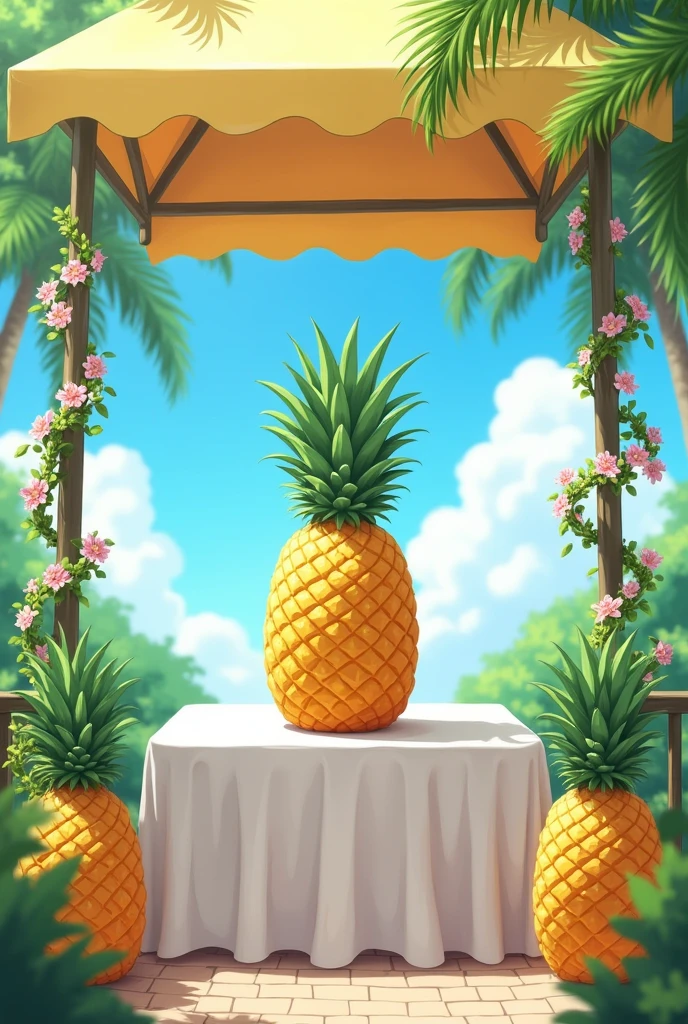 Generate an anime style image of a Pineapple Wine Stand with an awning connected to a square table with a white tablecloth and that on each side of the Pineapple Wine Stand there is a pineapple on the table and that the awning has vines with flowers on the tubes that support it and the top is decorated with palm leaves. 